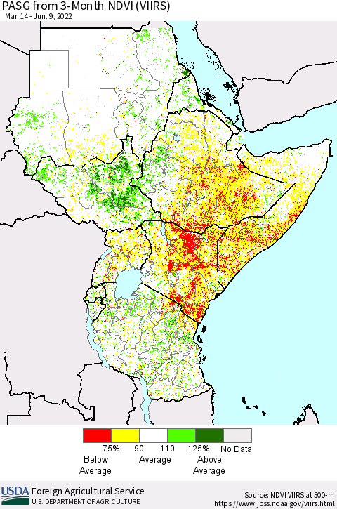 Eastern Africa PASG from 3-Month NDVI (VIIRS) Thematic Map For 6/1/2022 - 6/10/2022