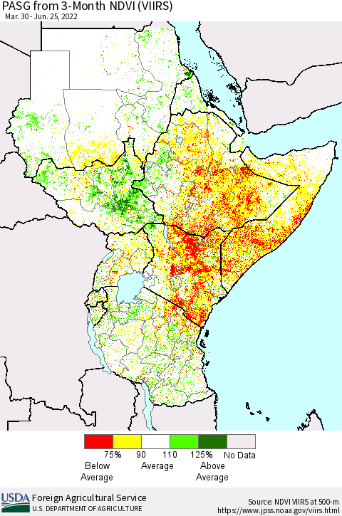 Eastern Africa PASG from 3-Month NDVI (VIIRS) Thematic Map For 6/21/2022 - 6/30/2022