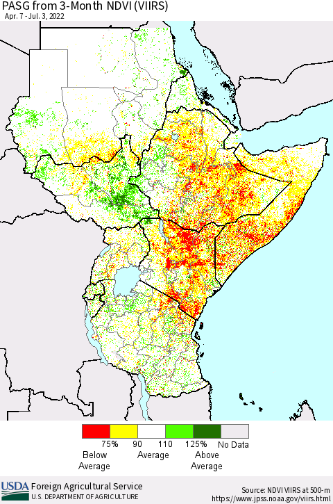 Eastern Africa PASG from 3-Month NDVI (VIIRS) Thematic Map For 7/1/2022 - 7/10/2022