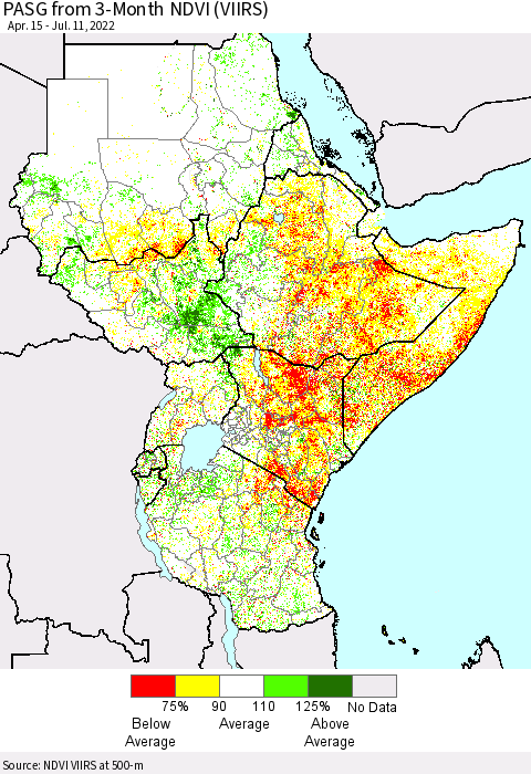 Eastern Africa PASG from 3-Month NDVI (VIIRS) Thematic Map For 7/4/2022 - 7/11/2022