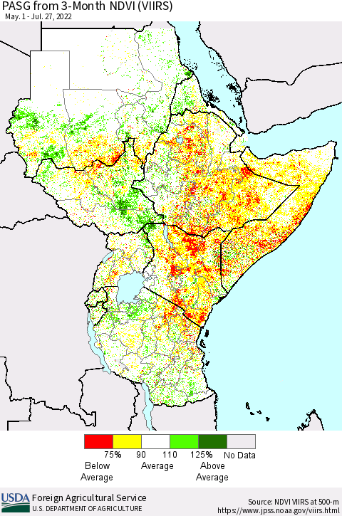 Eastern Africa PASG from 3-Month NDVI (VIIRS) Thematic Map For 7/21/2022 - 7/31/2022