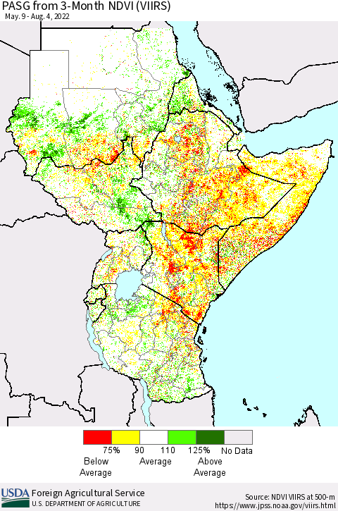 Eastern Africa PASG from 3-Month NDVI (VIIRS) Thematic Map For 8/1/2022 - 8/10/2022