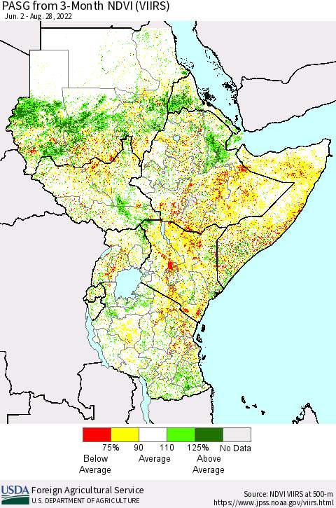 Eastern Africa PASG from 3-Month NDVI (VIIRS) Thematic Map For 8/21/2022 - 8/31/2022