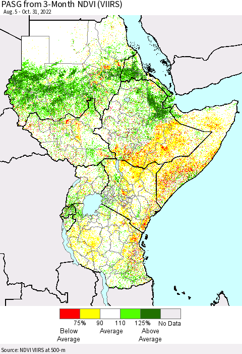 Eastern Africa PASG from 3-Month NDVI (VIIRS) Thematic Map For 10/21/2022 - 10/31/2022