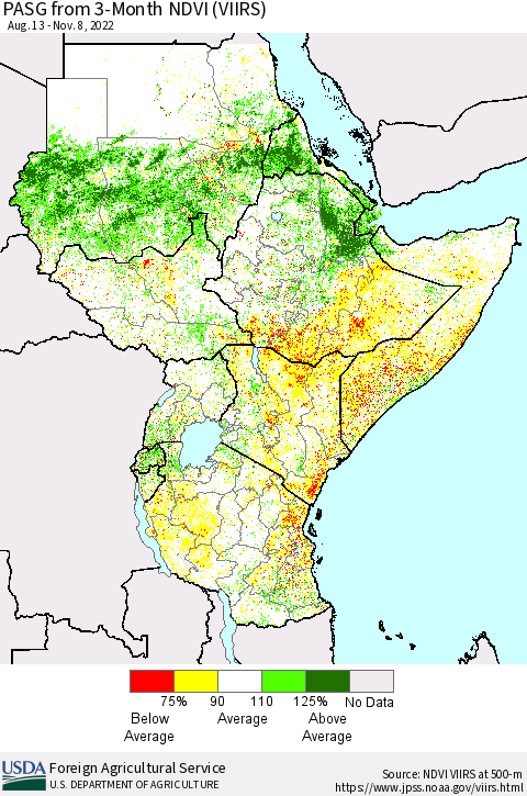 Eastern Africa PASG from 3-Month NDVI (VIIRS) Thematic Map For 11/1/2022 - 11/10/2022