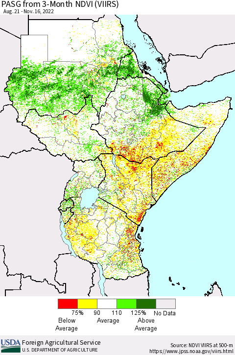 Eastern Africa PASG from 3-Month NDVI (VIIRS) Thematic Map For 11/11/2022 - 11/20/2022