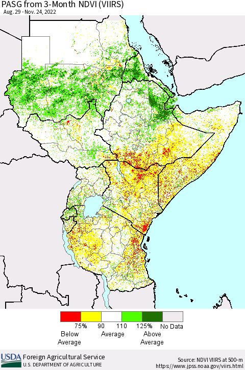 Eastern Africa PASG from 3-Month NDVI (VIIRS) Thematic Map For 11/21/2022 - 11/30/2022
