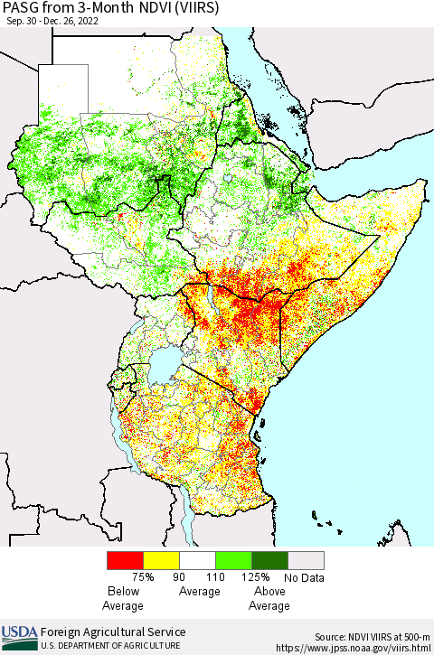 Eastern Africa PASG from 3-Month NDVI (VIIRS) Thematic Map For 12/21/2022 - 12/31/2022