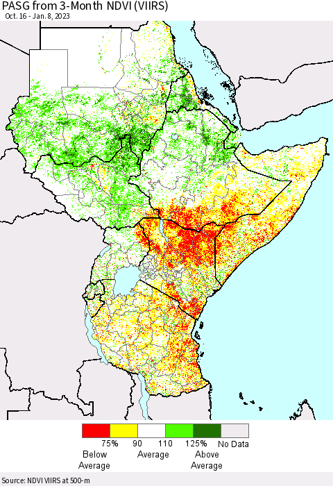 Eastern Africa PASG from 3-Month NDVI (VIIRS) Thematic Map For 1/1/2023 - 1/8/2023