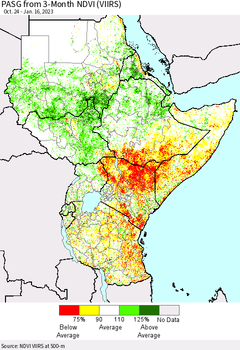 Eastern Africa PASG from 3-Month NDVI (VIIRS) Thematic Map For 1/9/2023 - 1/16/2023