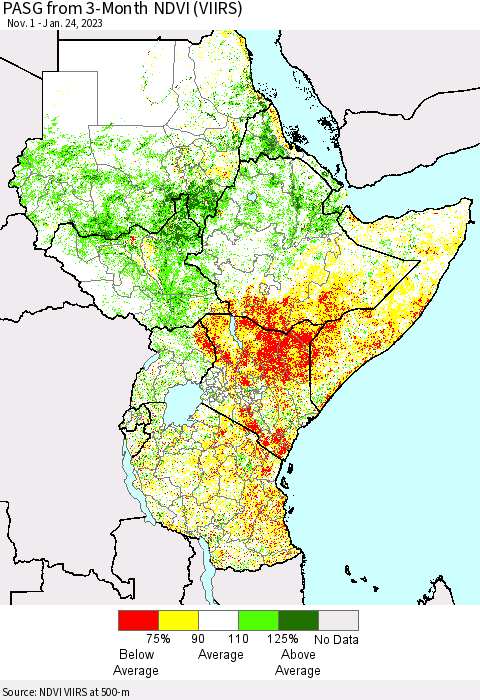 Eastern Africa PASG from 3-Month NDVI (VIIRS) Thematic Map For 1/17/2023 - 1/24/2023