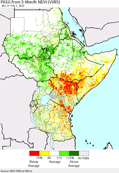 Eastern Africa PASG from 3-Month NDVI (VIIRS) Thematic Map For 1/25/2023 - 2/1/2023