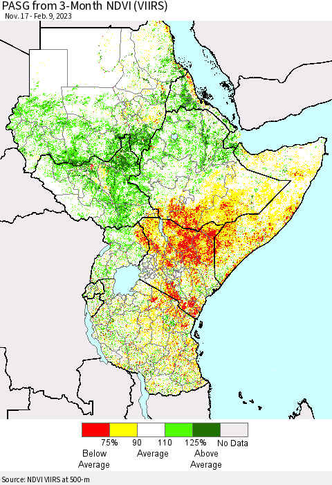 Eastern Africa PASG from 3-Month NDVI (VIIRS) Thematic Map For 2/2/2023 - 2/9/2023