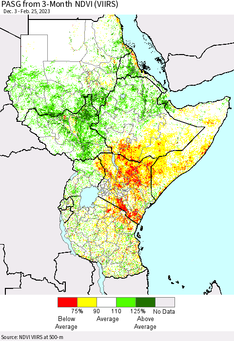 Eastern Africa PASG from 3-Month NDVI (VIIRS) Thematic Map For 2/18/2023 - 2/25/2023