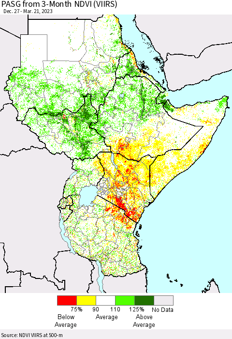 Eastern Africa PASG from 3-Month NDVI (VIIRS) Thematic Map For 3/14/2023 - 3/21/2023