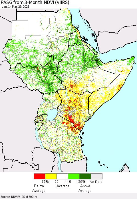 Eastern Africa PASG from 3-Month NDVI (VIIRS) Thematic Map For 3/22/2023 - 3/29/2023