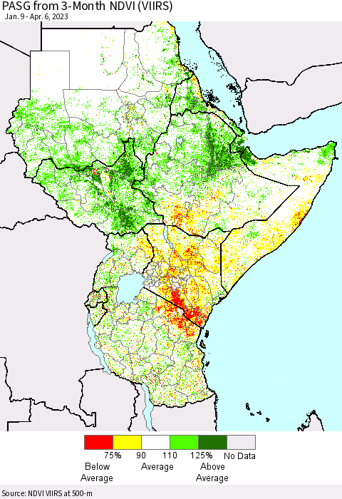 Eastern Africa PASG from 3-Month NDVI (VIIRS) Thematic Map For 3/30/2023 - 4/6/2023