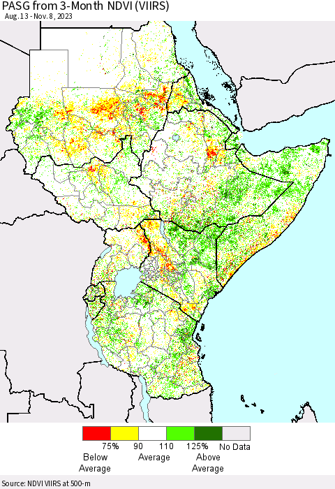 Eastern Africa PASG from 3-Month NDVI (VIIRS) Thematic Map For 11/1/2023 - 11/8/2023