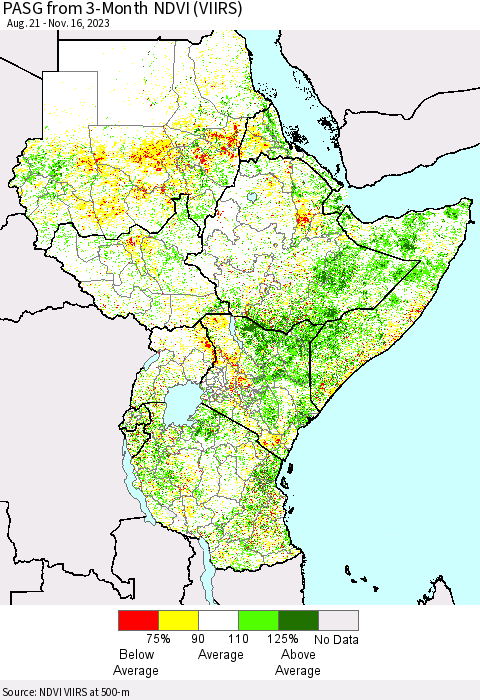 Eastern Africa PASG from 3-Month NDVI (VIIRS) Thematic Map For 11/9/2023 - 11/16/2023