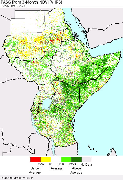 Eastern Africa PASG from 3-Month NDVI (VIIRS) Thematic Map For 11/25/2023 - 12/2/2023