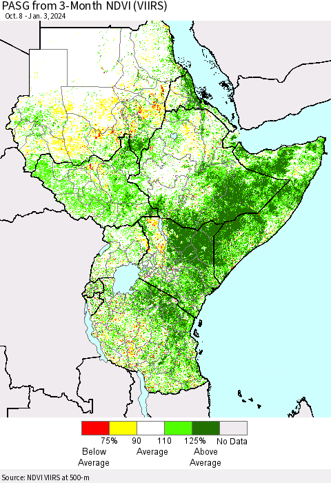 Eastern Africa PASG from 3-Month NDVI (VIIRS) Thematic Map For 12/27/2023 - 1/3/2024