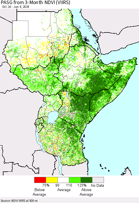 Eastern Africa PASG from 3-Month NDVI (VIIRS) Thematic Map For 1/1/2024 - 1/8/2024