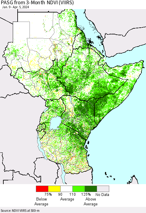 Eastern Africa PASG from 3-Month NDVI (VIIRS) Thematic Map For 3/29/2024 - 4/5/2024