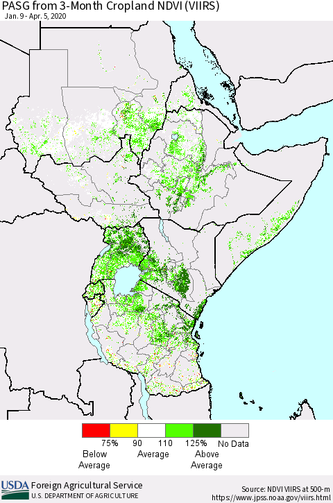 Eastern Africa PASG from 3-Month Cropland NDVI (VIIRS) Thematic Map For 4/1/2020 - 4/10/2020