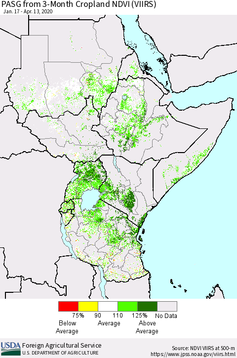 Eastern Africa PASG from 3-Month Cropland NDVI (VIIRS) Thematic Map For 4/11/2020 - 4/20/2020