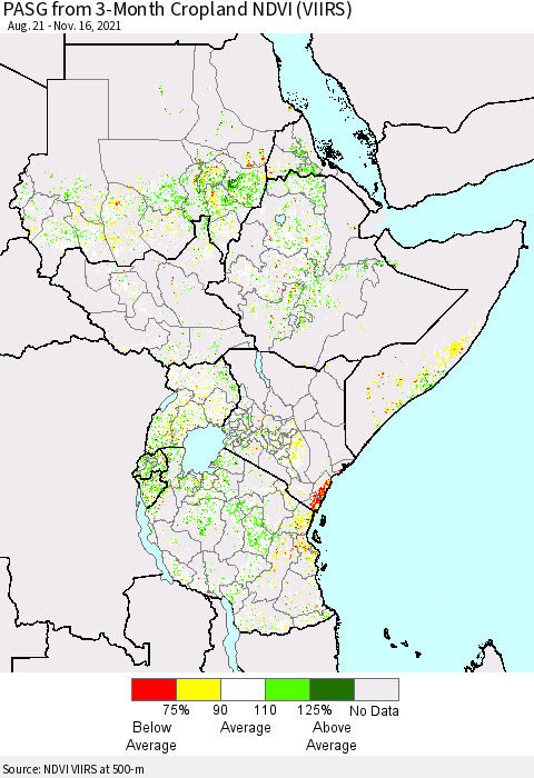 Eastern Africa PASG from 3-Month Cropland NDVI (VIIRS) Thematic Map For 11/9/2021 - 11/16/2021