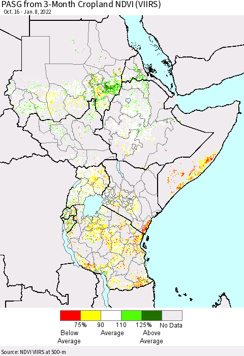 Eastern Africa PASG from 3-Month Cropland NDVI (VIIRS) Thematic Map For 1/1/2022 - 1/8/2022