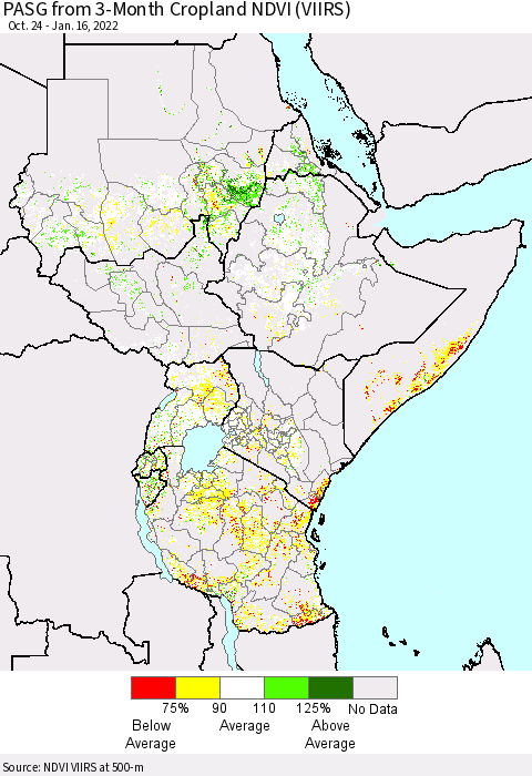 Eastern Africa PASG from 3-Month Cropland NDVI (VIIRS) Thematic Map For 1/9/2022 - 1/16/2022