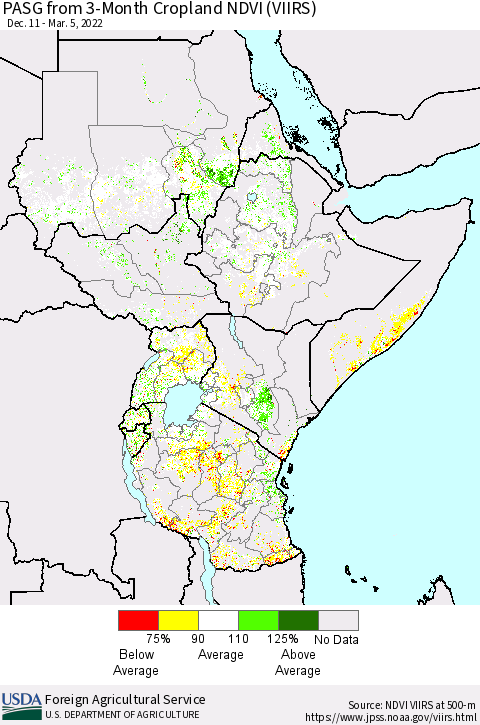 Eastern Africa PASG from 3-Month Cropland NDVI (VIIRS) Thematic Map For 3/1/2022 - 3/10/2022