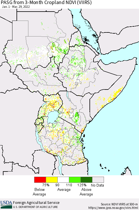 Eastern Africa PASG from 3-Month Cropland NDVI (VIIRS) Thematic Map For 3/21/2022 - 3/31/2022
