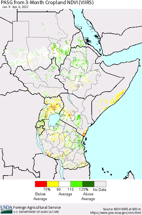 Eastern Africa PASG from 3-Month Cropland NDVI (VIIRS) Thematic Map For 4/1/2022 - 4/10/2022