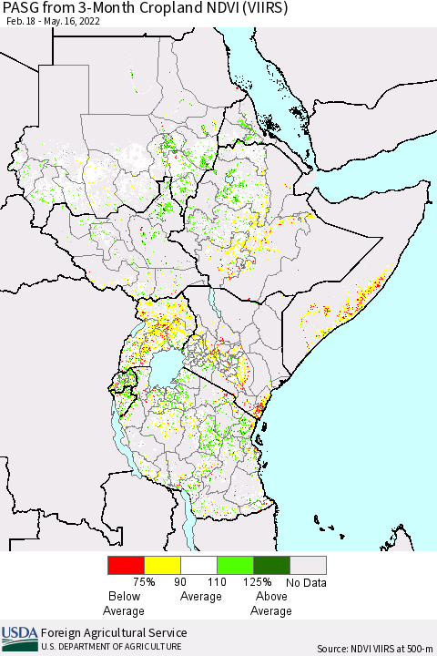 Eastern Africa PASG from 3-Month Cropland NDVI (VIIRS) Thematic Map For 5/9/2022 - 5/16/2022