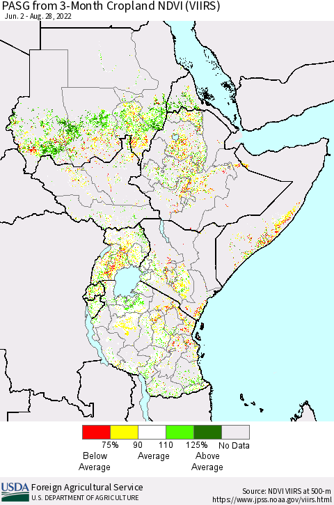 Eastern Africa PASG from 3-Month Cropland NDVI (VIIRS) Thematic Map For 8/21/2022 - 8/31/2022