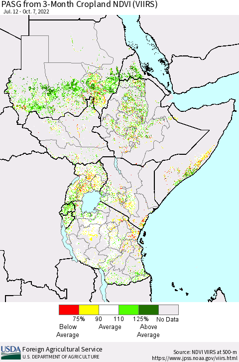 Eastern Africa PASG from 3-Month Cropland NDVI (VIIRS) Thematic Map For 10/1/2022 - 10/10/2022