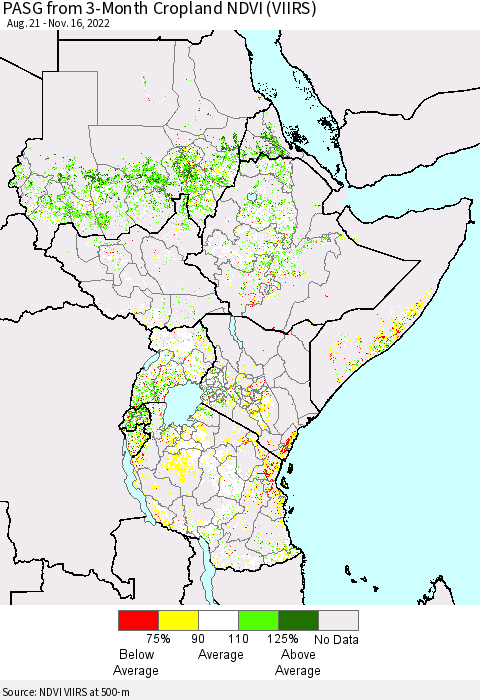 Eastern Africa PASG from 3-Month Cropland NDVI (VIIRS) Thematic Map For 11/9/2022 - 11/16/2022