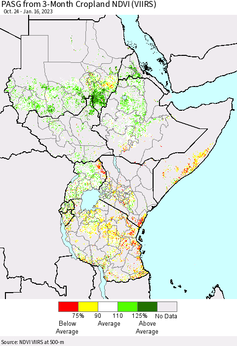 Eastern Africa PASG from 3-Month Cropland NDVI (VIIRS) Thematic Map For 1/9/2023 - 1/16/2023