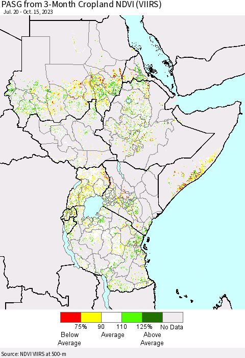 Eastern Africa PASG from 3-Month Cropland NDVI (VIIRS) Thematic Map For 10/8/2023 - 10/15/2023