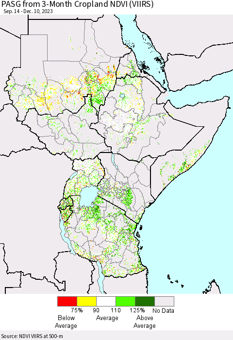 Eastern Africa PASG from 3-Month Cropland NDVI (VIIRS) Thematic Map For 12/3/2023 - 12/10/2023