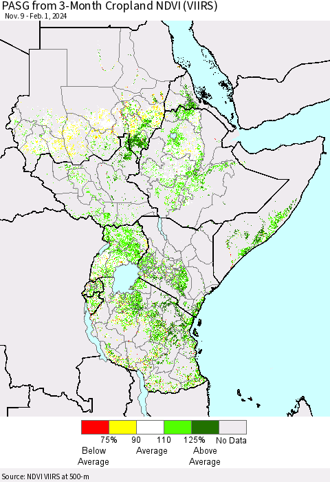 Eastern Africa PASG from 3-Month Cropland NDVI (VIIRS) Thematic Map For 1/25/2024 - 2/1/2024
