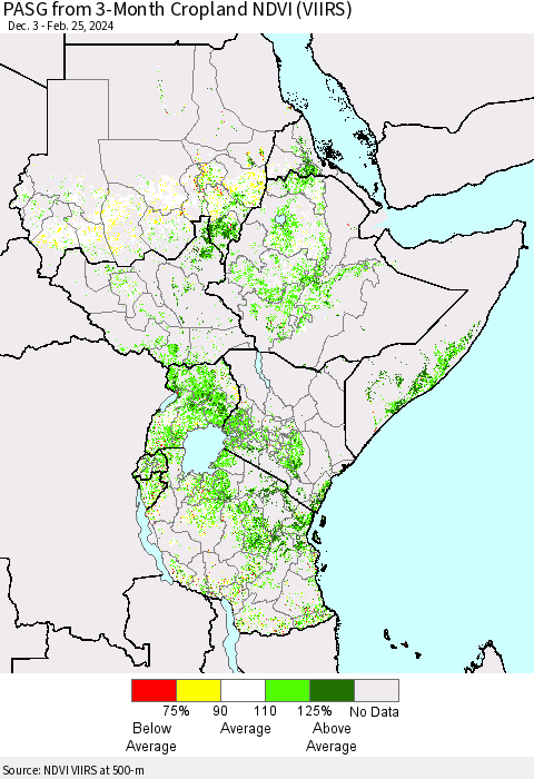 Eastern Africa PASG from 3-Month Cropland NDVI (VIIRS) Thematic Map For 2/18/2024 - 2/25/2024
