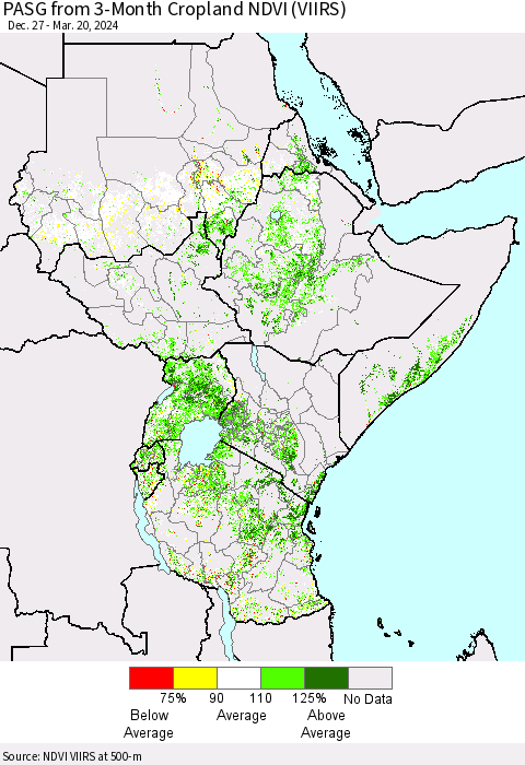 Eastern Africa PASG from 3-Month Cropland NDVI (VIIRS) Thematic Map For 3/13/2024 - 3/20/2024