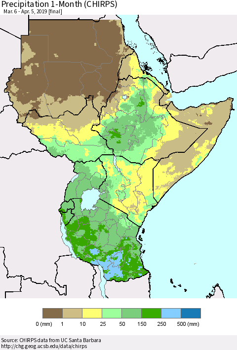 Eastern Africa Precipitation 1-Month (CHIRPS) Thematic Map For 3/6/2019 - 4/5/2019