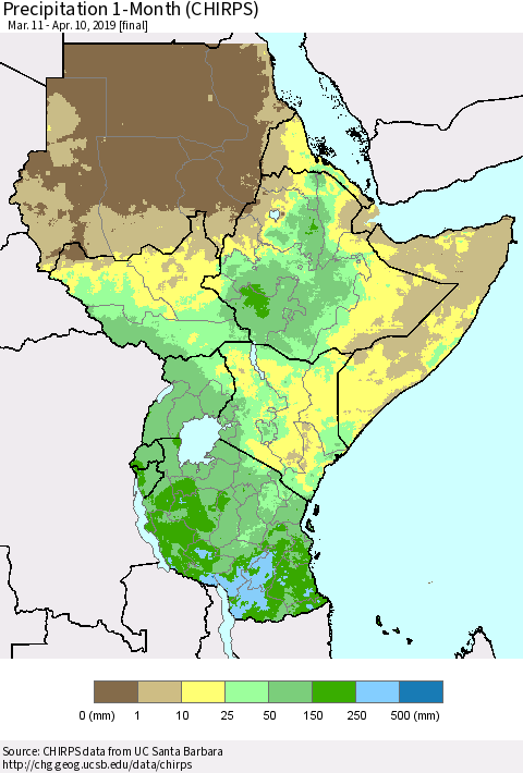 Eastern Africa Precipitation 1-Month (CHIRPS) Thematic Map For 3/11/2019 - 4/10/2019
