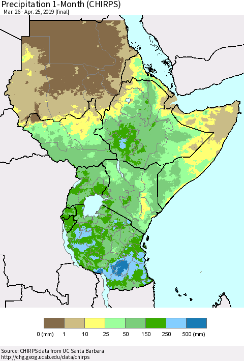 Eastern Africa Precipitation 1-Month (CHIRPS) Thematic Map For 3/26/2019 - 4/25/2019