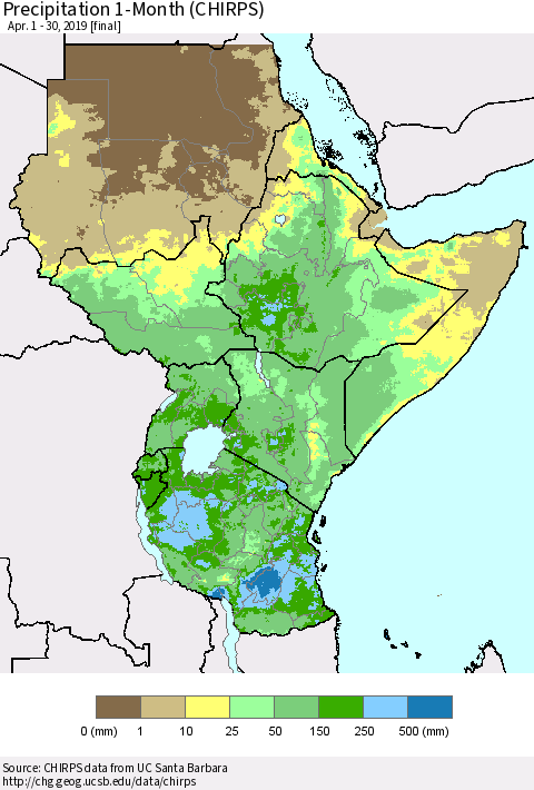 Eastern Africa Precipitation 1-Month (CHIRPS) Thematic Map For 4/1/2019 - 4/30/2019