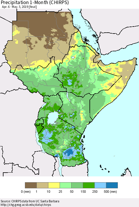 Eastern Africa Precipitation 1-Month (CHIRPS) Thematic Map For 4/6/2019 - 5/5/2019